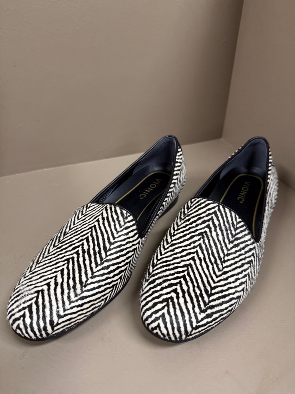 Vionic ‘Willa’ Zebra Calf Hair Black and White Herringbone Slip-On Loafers